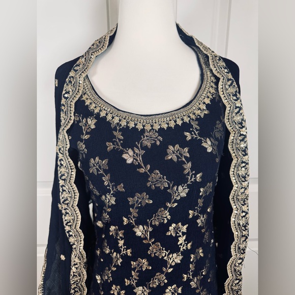 Boho Embroidered Kurta Tunic Dress Set Navy Gold Dupatta Festival L Ethnic - Picture 2 of 12